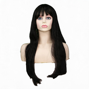 <span class=keywords><strong>Perruque</strong></span> noire longue et droite pour femmes avec frange cheveux synthétiques d'aspect naturel <span class=keywords><strong>perruque</strong></span> de tête complète résistante à la chaleur pour une fête quotidienne - Product Image 2