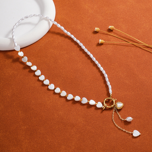 Collana con Ciondolo Asimmetrico a Cuore ABAS con Perle e Occhio di Tigre, Placcata in Oro 18K, Girocollo in Acciaio Inossidabile con Nappa per Donne - Product Image 1