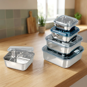 Mayur Exports Bols alimentaires carrés classiques en acier inoxydable avec couvercle réglable, pour la conservation de la fraîcheur, design durable, capacité 0-1L - Product Image 3