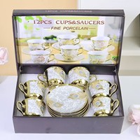 Nouvel ensemble de tasses à café en céramique de style européen, luxe léger, rétro, motif floral, électroplaqué, 6 tasses et 6 soucoupes, coffret cadeau pour la maison