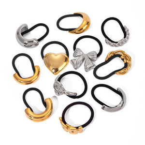 G3121 Acero inoxidable Chunky Heart Bow Brillante en forma de U Elástico Negro Cordón de goma Banda Scrunchies Gold Hair Ties para niñas - Product Image 5