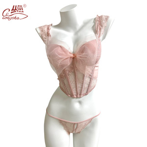 Lencería sexy de malla con lazo, lencería de encaje, ropa exterior inocente y seductora, ropa interior, sujetador con varillas, top estilo chica sexy. - Product Image 2