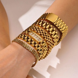 Bracelet jonc personnalisé en acier inoxydable plaqué or 18 carats avec pierres précieuses pour femmes et hommes, style bracelet de montre, vente en gros - Product Image 2