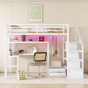 Lit moderne réglable pleine grandeur avec éclairage LED et station de charge, lit mezzanine en bois avec bureau et escalier - Product Image 3