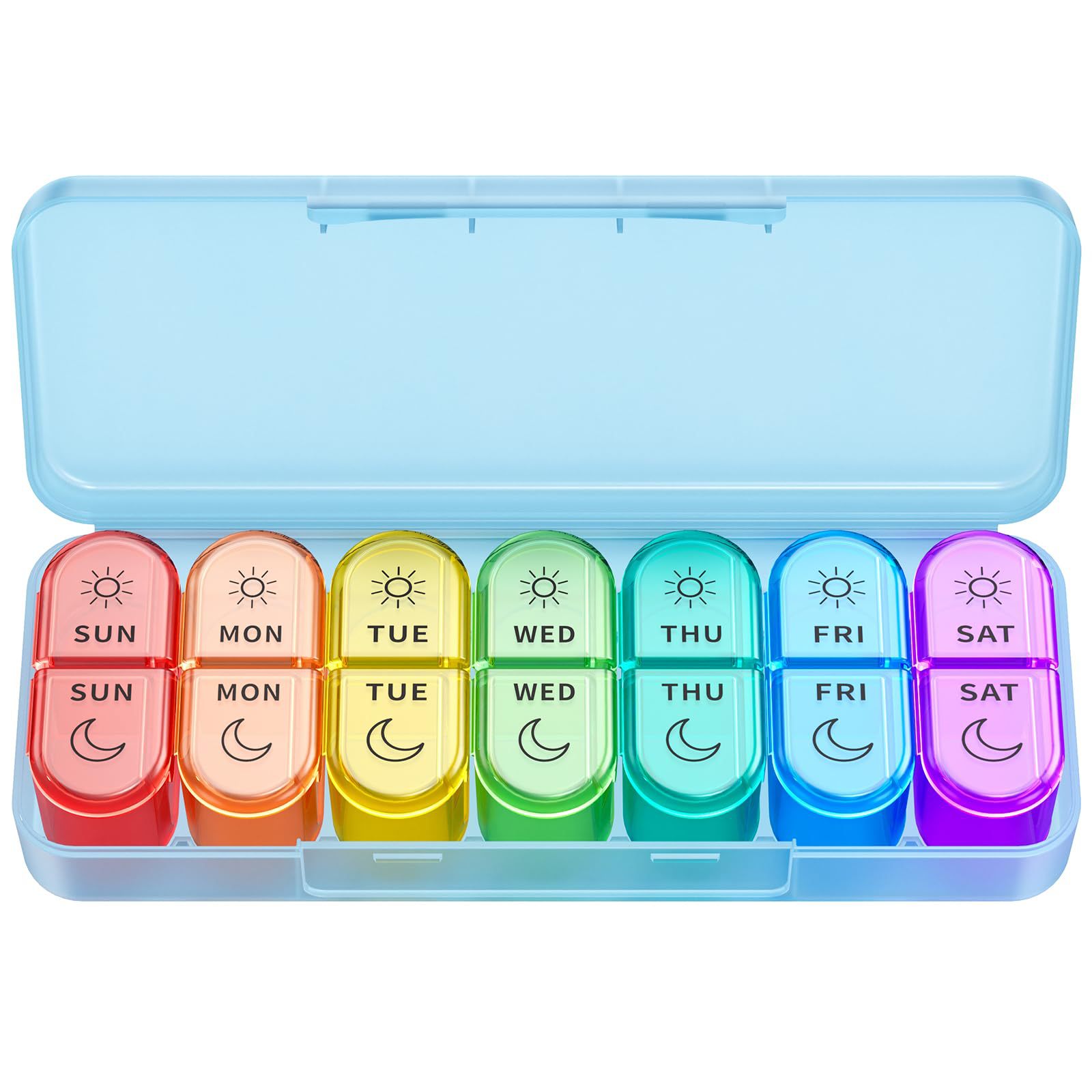 Coque bleue transparente, 14 compartiments, arc-en-ciel