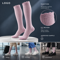 Chaussettes de compression à la lavande, soutien gradué du mollet, tableau de correspondance des tailles, manchette plus large, construction tricotée à bout plat, gradation des tailles, lavage