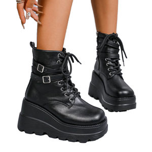 Bottes montantes compensées pour femme en microfibre, antidérapantes, à semelle épaisse et robuste, collection automne/hiver - Product Image 1
