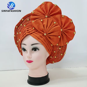 Gele nigérian Aso Oke uni, foulard africain auto-attachable très populaire avec pierres et perles - Product Image 2
