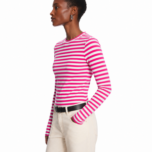 Camisa de manga larga a rayas rosa y blanca para mujer – Camisa informal de manga larga con cuello redondo y corte ajustado – Moda casual premium - Product Image 4