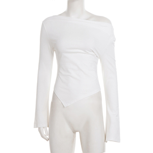 T-shirt basique décontracté et polyvalent pour femme, coupe asymétrique ajustée, épaules dénudées, manches longues - Product Image 6