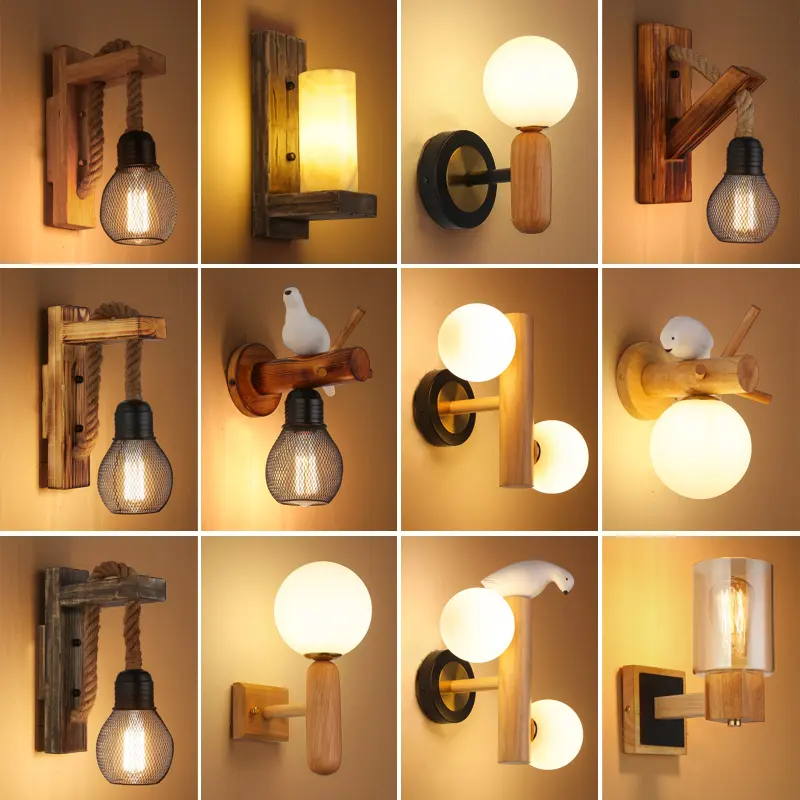 Wood LED Wall Decor Art Wall Lamp Bedside Wall Light Modern Nordic Solid Bedroom Living Room Aisle Sconce E27 Light Fixture