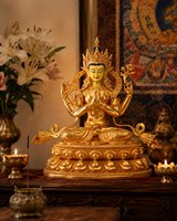 Statue bouddhiste Avalokiteshvara à quatre bras en cuivre plaqué or, faite à la main, gravée sur mesure, pour temple, religieuse, directement de l'usine