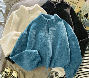 Pull court en maille pour <span class=keywords><strong>femme</strong></span>, style coréen décontracté, en polaire sherpa, avec demi-fermeture éclair et <span class=keywords><strong>capuche</strong></span>, <span class=keywords><strong>chaud</strong></span>, pour l'automne et l'hiver - Product Image 2
