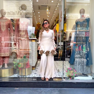 Women's White Embroidered <b>Kurta</b> With Rose Applique Ankle-Length Traditional Indian Pakistani Casual Wear Cotton Set - Product Image 1