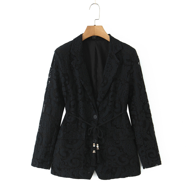 Black Color Notched Collar Single Breasted Long Sleeve Floral Lace Sashes Casual Fashion blazer Jacket for Women
