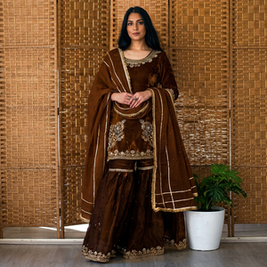 Robe de mariée indienne pakistanaise traditionnelle pour femme, en soie marron brodée, longueur ras du sol, avec bordure dorée, coupe classique - Product Image 1