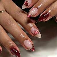 Faux ongles à presser rouge bordeaux pailleté, effet œil de chat, motif cœur français, avec contour en feuille d'or, forme amande nude, pour le Nouvel An et les mariages, ongles éclatants