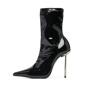 Metal Slim Heels Women Pointy Toe Ankle <b>Boots</b> High-Heeled Stiletto Shoes Short Bright Patent Dress Pumps - Product Image 1