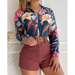 Liu Ming Venta caliente Mujeres Casual Beach Holiday Floral Leaf Camisa de manga larga Pantalones cortos Traje a juego Conjunto de 2 piezas - Product Image 3