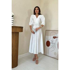 Robe Cache-Cœur Élégante Blanche Scintillante Ceinturée Coupe Trapèze Col V Tissée Respirante pour Usage Quotidien Décontracté - Product Image 5