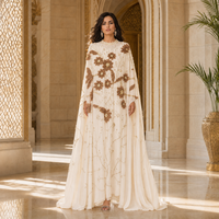 Robe kaftan élégante et luxueuse brodée de sequins, détails perlés, polyester, longueur cheville, manches longues, pour soirée féminine