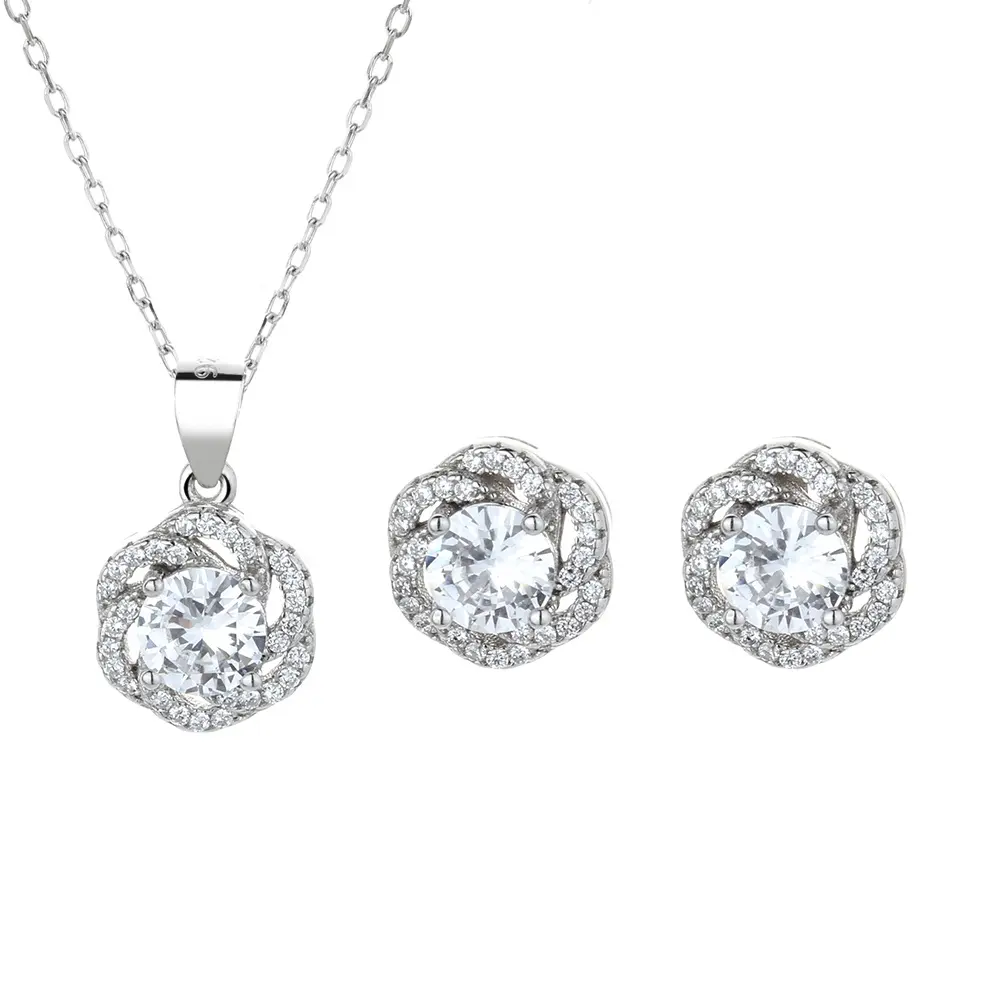 wholesale zircon flower - shaped pendant necklace earring set for ladies