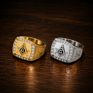 Bague maçonnique JLM de luxe en acier inoxydable plaqué or avec pierres CZ, bague signet vintage pour homme, symbole Illuminati - Product Image 6