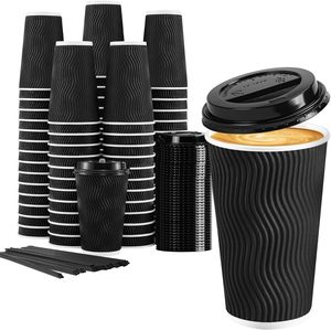 Vasos de Café Desechables Ecológicos de Papel Kraft Ondulado de 16 oz con Impresión Personalizada para Llevar, Vasos de 12 oz con Tapas - Product Image 1