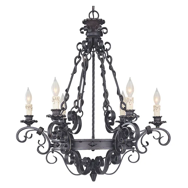 Classical vintage chandelier villa large black iron chandelier European simple retro candle pendant lamp