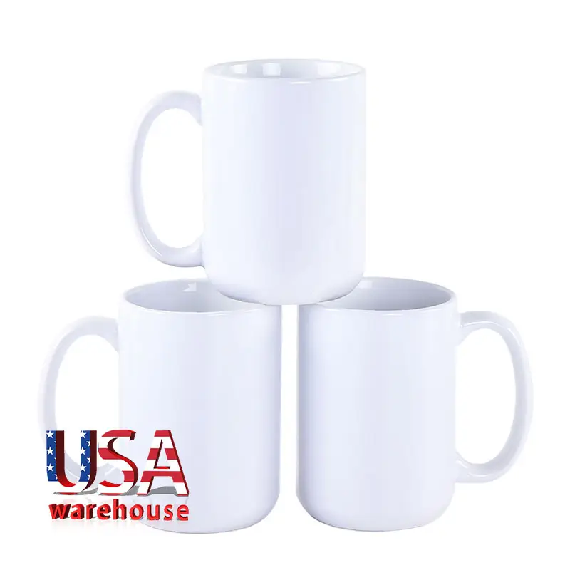 米国倉庫卸売11オンス15オンスコーヒーセラミックカップマグ工場販売11オンス15オンスフルホワイトブランク昇華マグハンドル付き