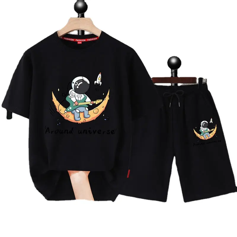 Setelan Pakaian Desain Modis Bayi Laki-laki, Pakaian Celana Pendek Kasual Hitam dan Kaus Appliqued, Pakaian Anak Laki-laki Kecil