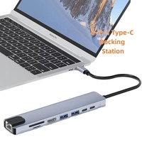 Docking Station Aluminium 8-in-One Multifungsi Terlaris, Tipe C ke Card Reader, RJ45 Network, HDTV 4K 30hz, USB 3.0 Hub