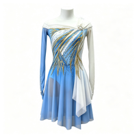Robe de danse patinage bleue et blanche, épaules dénudées, manches longues en maille, garniture en strass dorés pour enfants et adultes, compétition et performance
