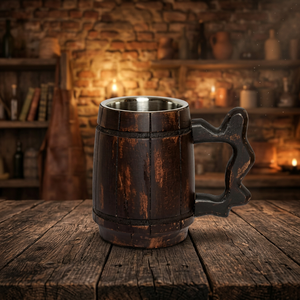 Chope à bière en bois d'olivier 100% naturel et écologique, motif classique, passe au lave-vaisselle et au micro-ondes, emballage cadeau, Falak - Product Image 1