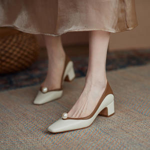 Zapatos de Tacón Alto Elegantes con Punta en Pico y Tacón Grueso de Cuero Genuino con Bloques de Color Retro Francés para Mujer, Ideales para el Uso Diario en Verano - Product Image 2