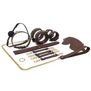 High quality Leather Sm Bondage Kit Set Metal Bondage Gear Plastic Mouth Gag Bondage Gear Whip
