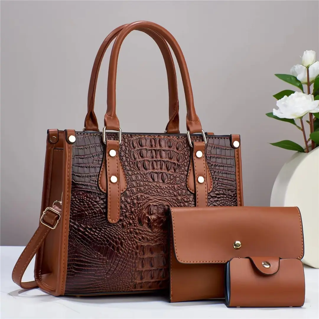 Nuevo diseño de las señoras patrón de cocodrilo bolso de cuero grandes bolsas de mano 3PCs conjunto de bolso para las mujeres