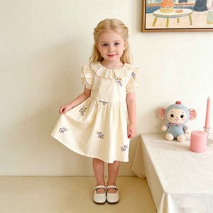 2026 Summer New Girls' <strong>Dress</strong> Korean Fresh Beige <strong>Dress</strong> Flower Embroidered Small Sleeve Design Exquisite <strong>Lace</strong> Doll Neck <strong>Dress</strong> - Product Image 1