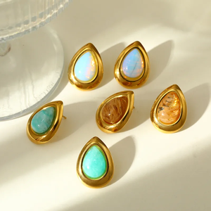 <b>Hot</b> Selling 18K Gold Plated 304 Stainless Steel Vacuum Electroplating Natural <b>Stone</b> Geometric Handmade Earrings For Women - Product Image 3