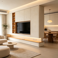 Meuble TV mural haut en chêne crème, design flottant, avec éclairage LED intégré, pour villas et projets personnalisés