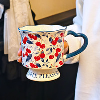 Mug en céramique rétro, motif floral cerise peint à la main, de haute qualité, élégant, résistant aux hautes températures, parfait pour