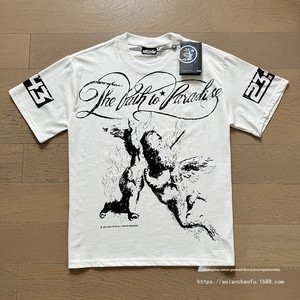 T-shirt a maniche corte da uomo Hell Cross-Border Foreign Trade, stile americano, di tendenza, con stampa a lettere effetto distressed, vestibilità ampia, per giovani, streetwear - Product Image 1