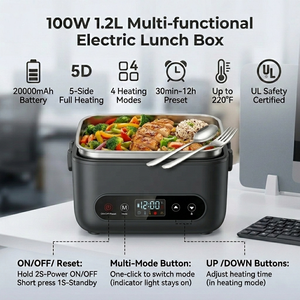 Boîte à Déjeuner Électrique <span class=keywords><strong>Chauffante</strong></span> Autonome sans Fil, 100W, Longue Autonomie 20000mAh, Fonction Maintien au Chaud et Minuteur, Rechargeable - Product Image 2