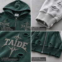 Sweat à capuche zippé TaiDe vintage délavé, coupe courte et ample, imprimé graphique déchiré, fabricant de vêtements sur mesure à marque privée