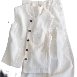 Completo da donna estivo in lino bianco Casual gilet <span class=keywords><strong>pantaloni</strong></span> larghi Casual a due pezzi vestito 100% da salotto in puro lino - Product Image 1