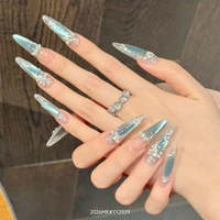 Lot de 10 faux ongles en PMMA, faits main, tendance, forme cercueil moyenne, design français, avec décoration croix diamant rose, couvrance totale