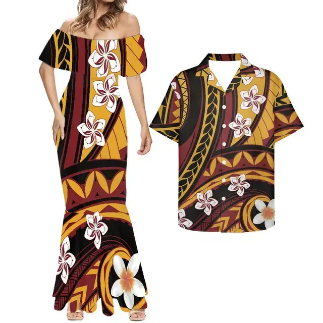 Custom 2pcs Set Couple Clothing White Hawaii Flower Polynesian Tribal African Dress Plus Size Fashion Elegant Party Club Dresses