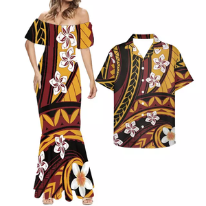 Conjunto de <span class=keywords><strong>ropa</strong></span> personalizada <span class=keywords><strong>para</strong></span> parejas, vestido de fiesta <span class=keywords><strong>elegante</strong></span> a la moda, color blanco, con flores hawaianas, estilo Tribal y africano, de talla grande, por 2 uds. - Product Image 1