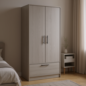 Double <b>Door</b> Light Gray Armoire With Metal Handle One Drawer Elegant <b>Wardrobe</b> Design Bedroom Furniture - Product Image 2