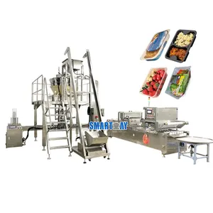 Automatic filling cooked food packing machine auto ready meal packaging machine for tray denester multi weigher